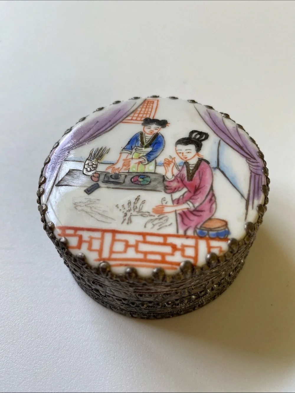 Vintage Asian Round Hand Painted Porcelain Top Silver ToneJewelry Trinket Box